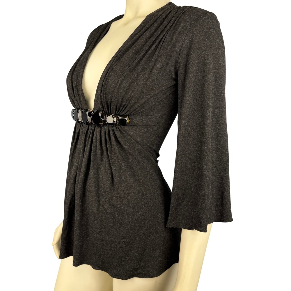 Sky‎ Brand Y2K Top Green Rhinestones Empire Waist Small Grey 2000s Rare Clubwear - Picture 11 of 14